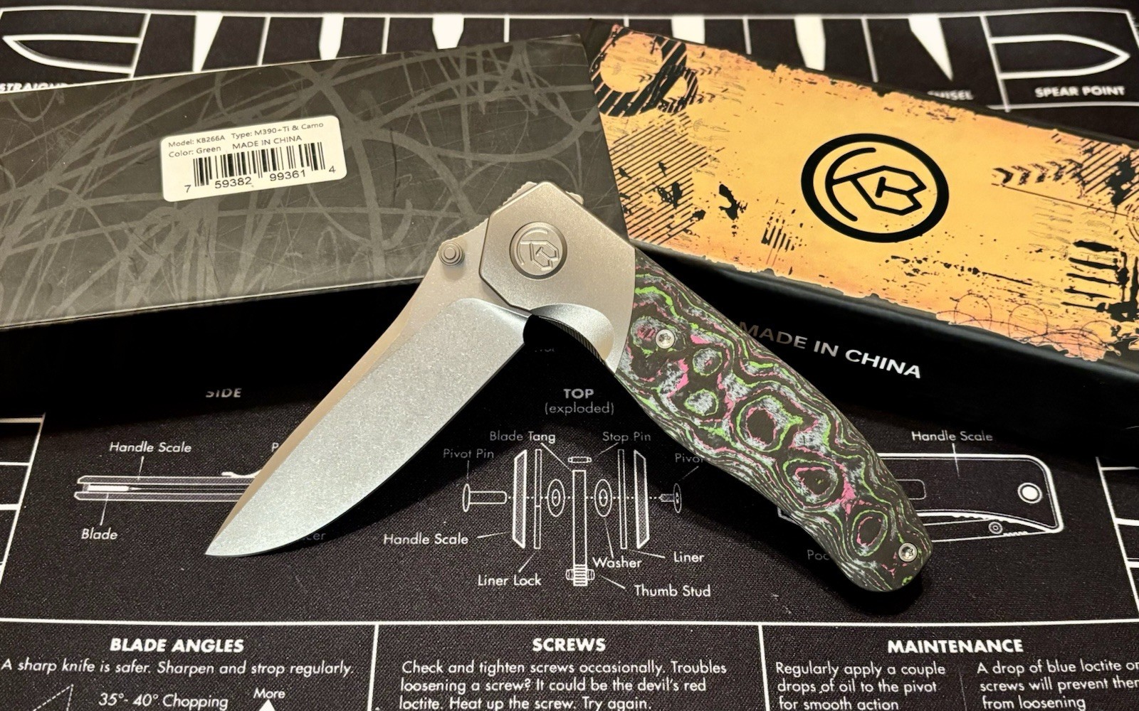 KB KNIVES VELVET SNAKE FOLDING KNIFE SW TI/WATERMELON SUGAR CAMO CARBON M390
