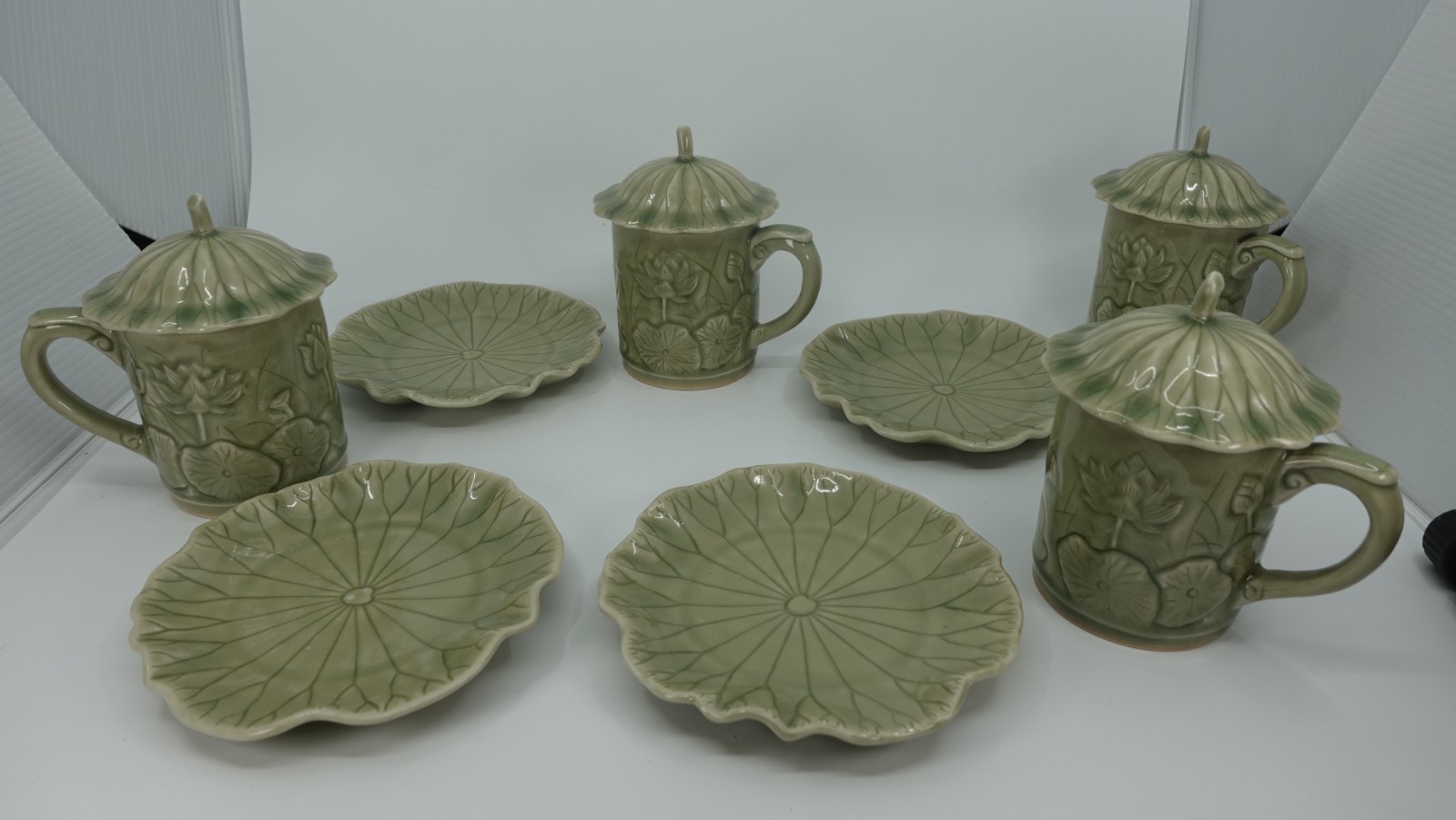 Handmade Siam Celadon 4 Small Plates and 4 Lidded Mugs Handmade Siam Celadon 4 Small Plates and 4 Lidded Mugs