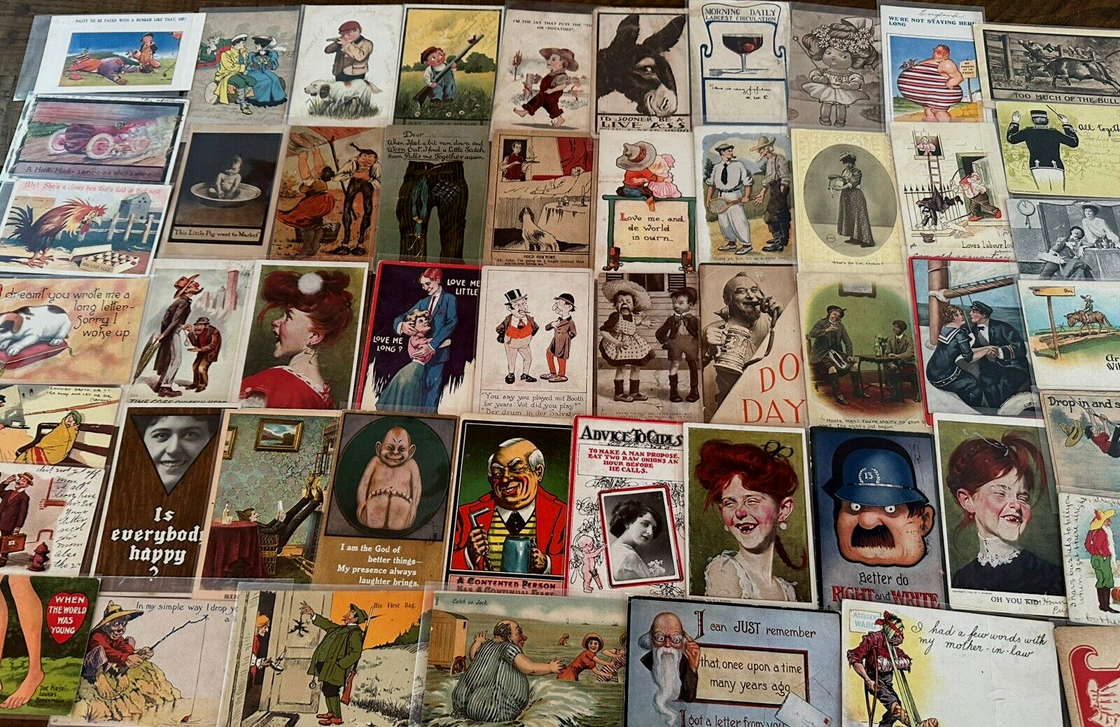 Big~LOT OF 68 Old~COMIC  funny~HUMOR~Antique 1900s~POSTCARDS-All In Sleeves-h664