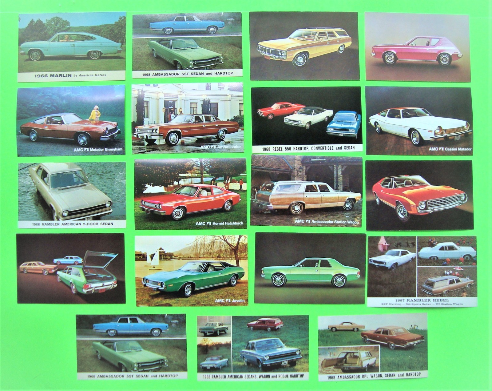 19 Diff RAMBLER / AMC FACTORY Dealer POSTCARD 1966 - Up JAVELIN Marlin SST Rogue
