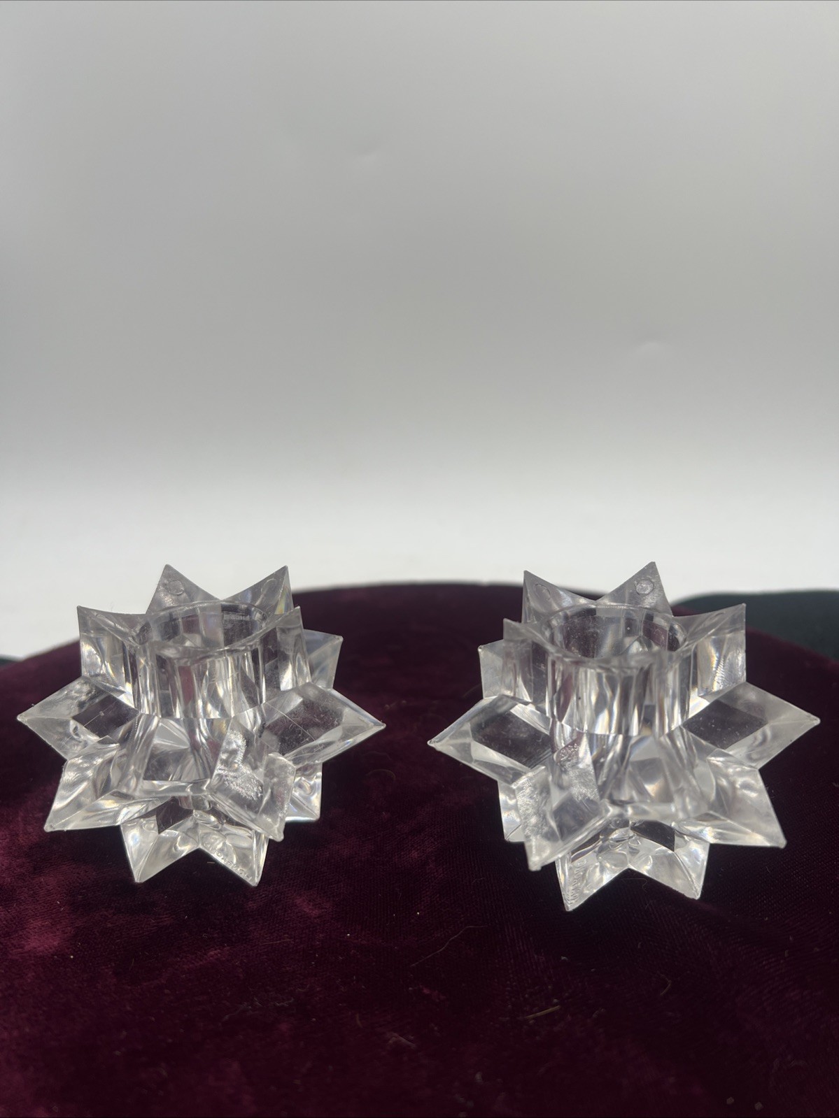 Vintage Star-Lite Clear Lucite Atomic Starburst Taper Candle Holder Set Stars