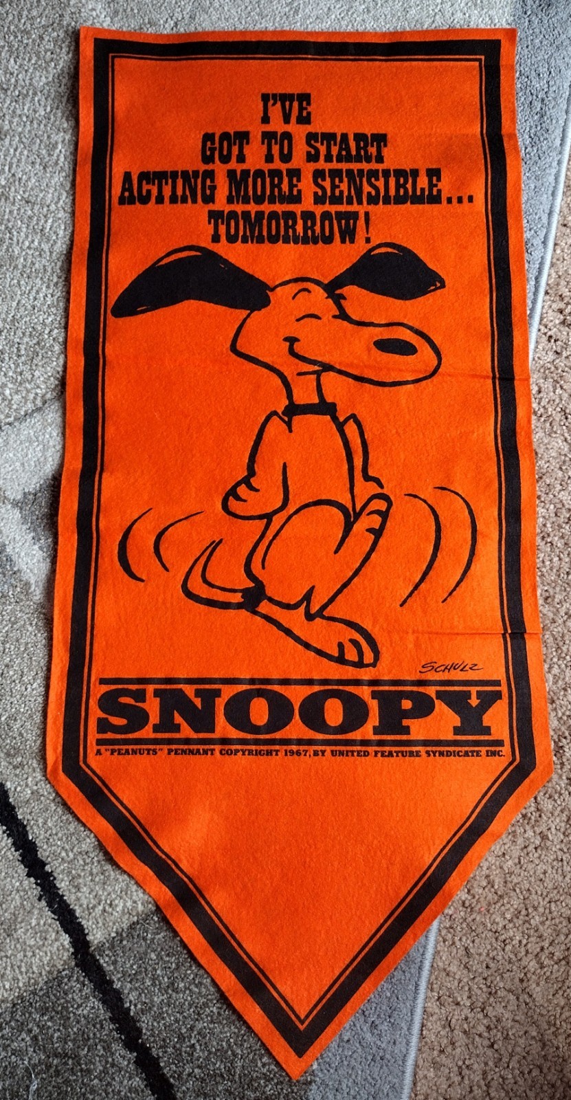 Vtg Snoopy Peanuts Felt Banner United Features 1967- Act More Sensible Org/Black