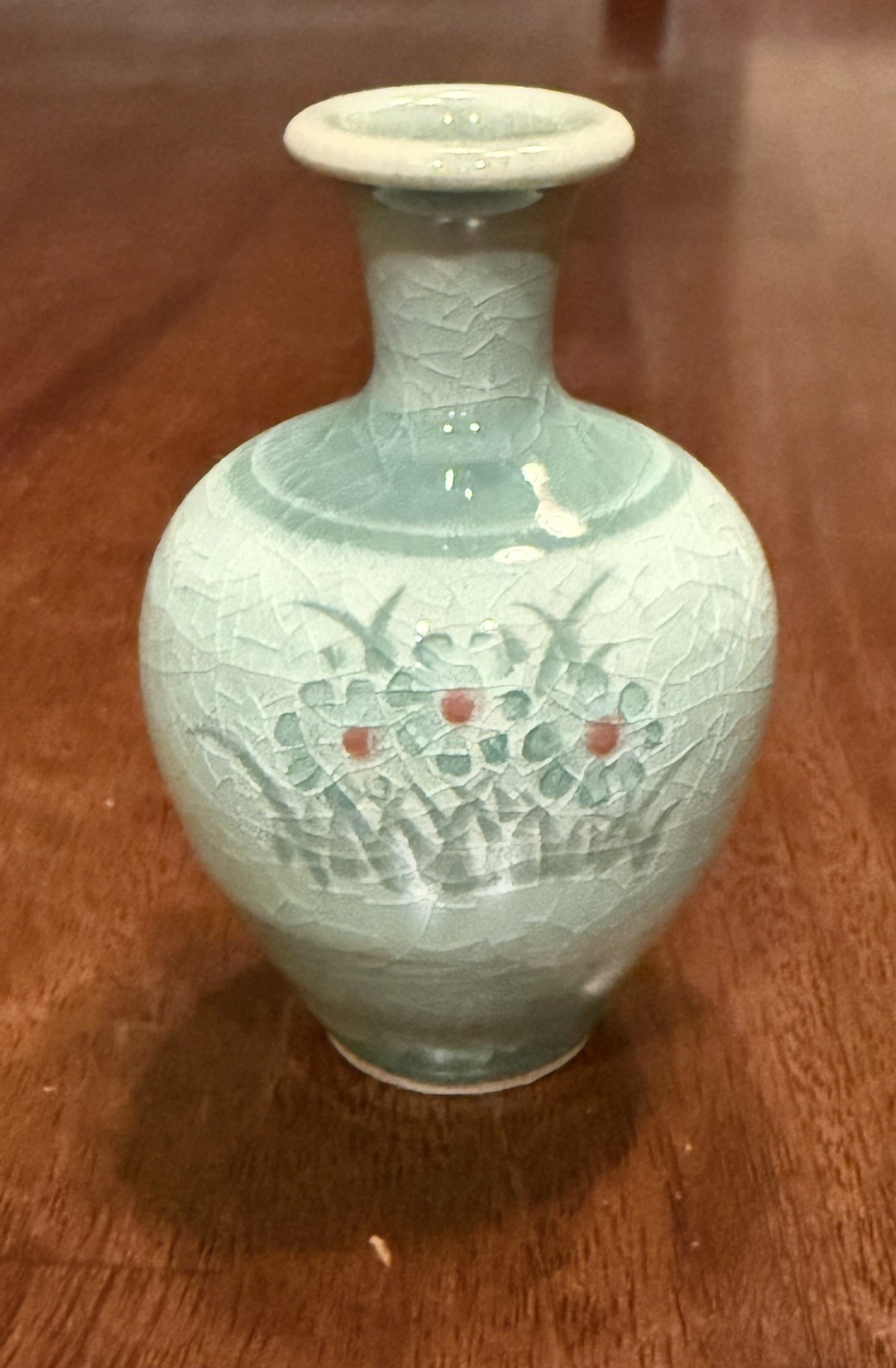 Vintage Celadon Mini Vase Crackle Glazed Green Tones Floral Ceramic 3 1/4”