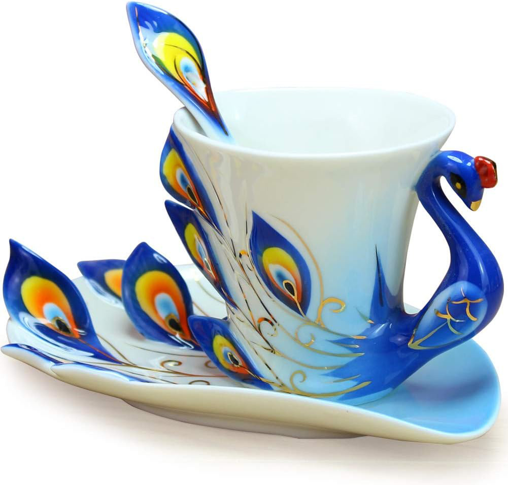 Glodeals Hand Crafted Peacock Tea Coffee Cup Set with Saucer and Spoon Delicate
