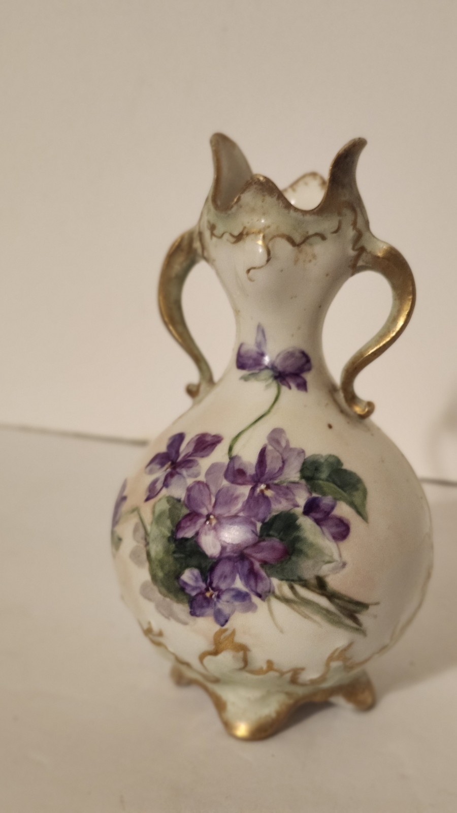 Vintage Porcelain Hand Painted Violet Floral Vase Double Handles Gold