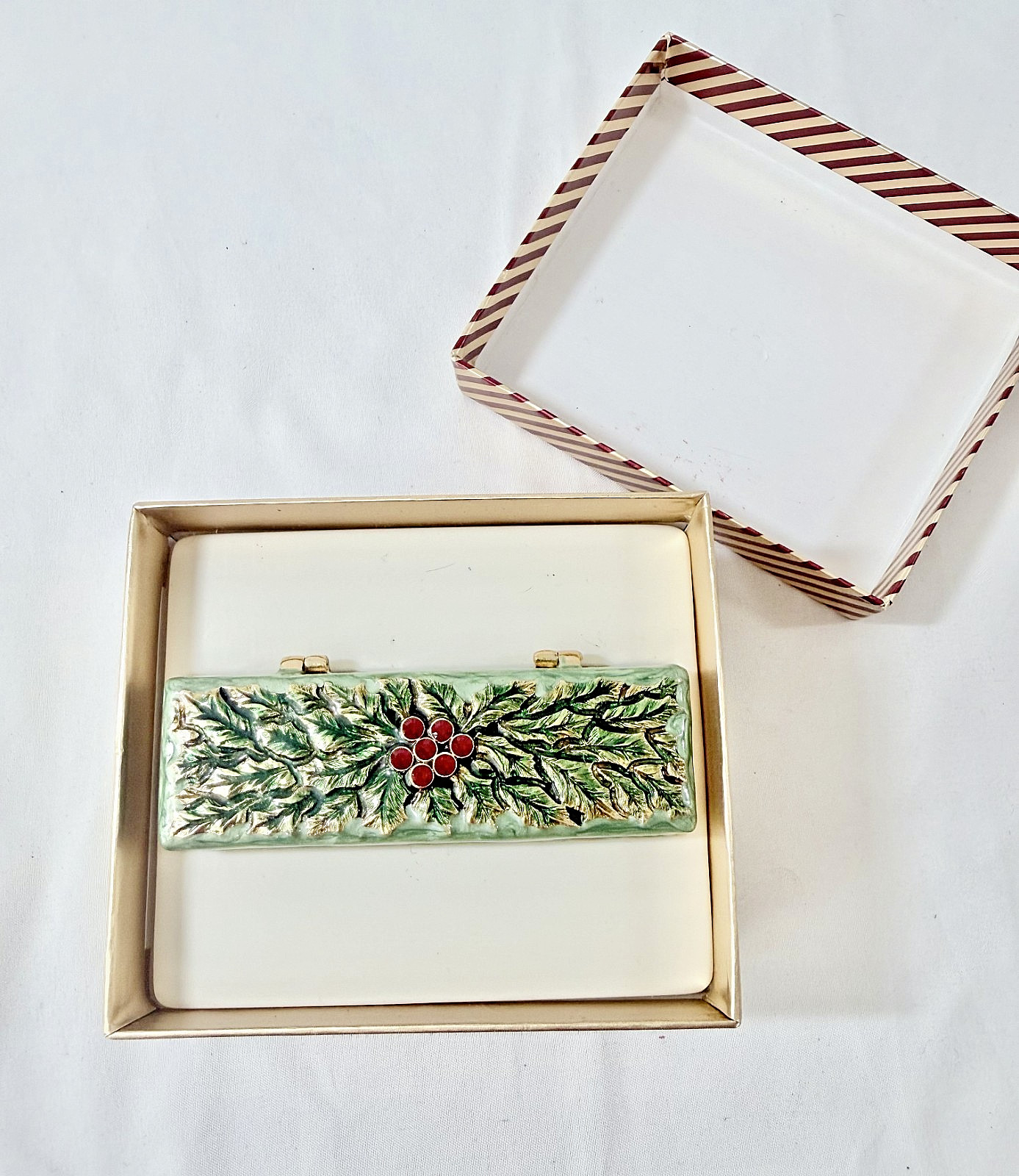 Vintage MONET Green Enamel Holly Berry Lipstick Case New In Box with Mirror