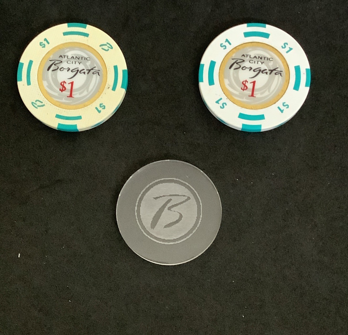 BORGATA CASINO CHIP ATLANTIC CITY.  Set of TWO $1 chips and Acrylic Chip Spacer