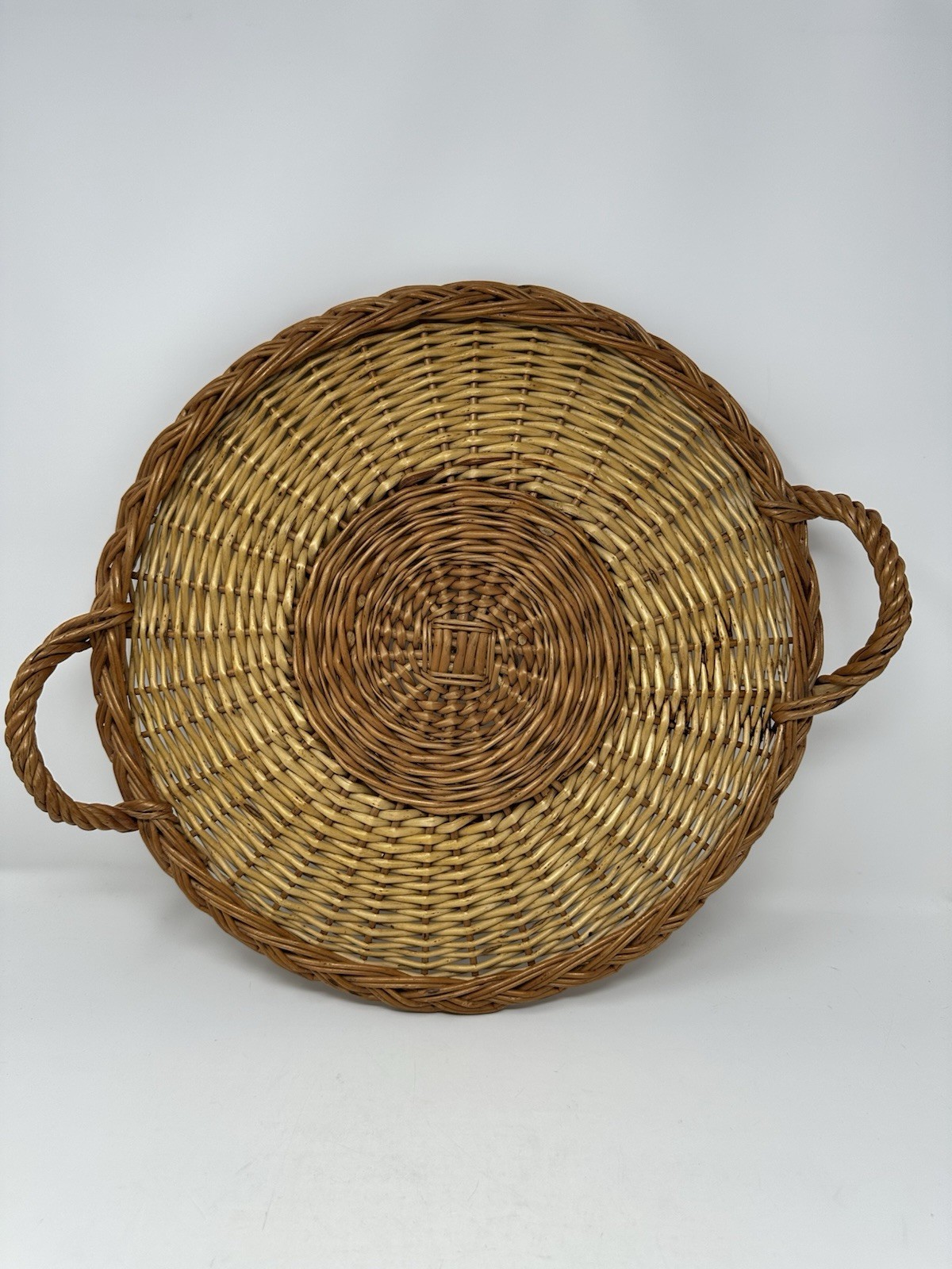 VTG Hand-Woven Wicker Tray With Handles Two-Tone MCM Boho