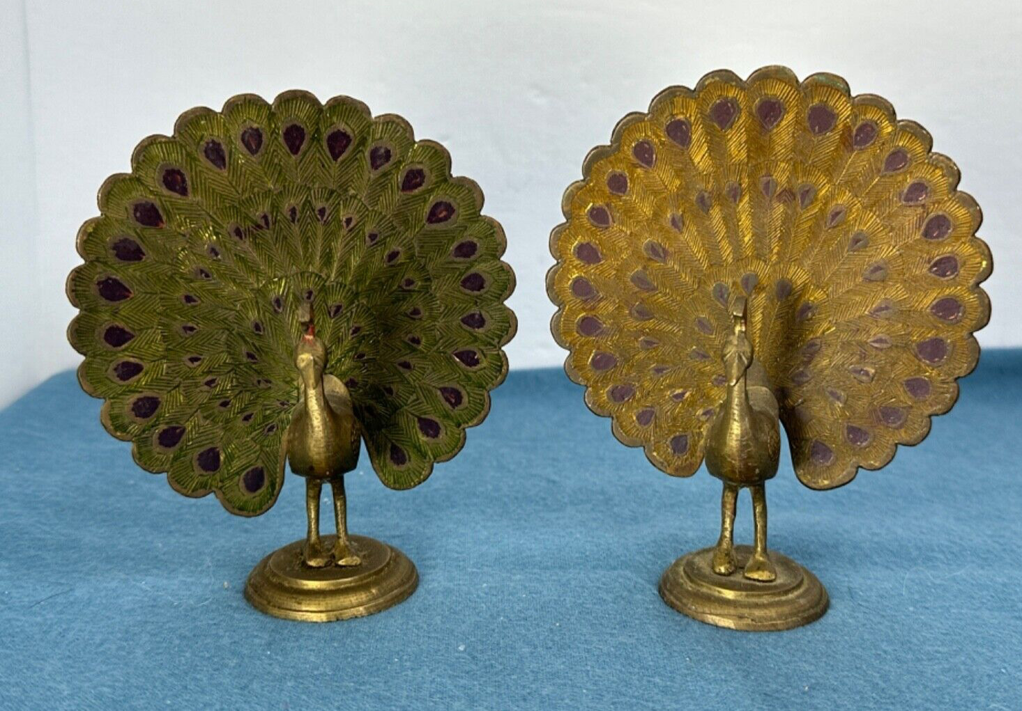 2 Vintage Engraved Brass Peacock Figures
