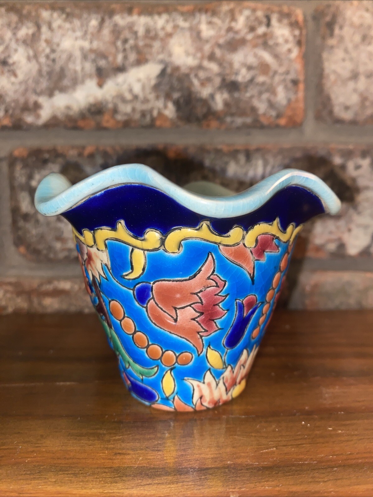 Vintage Emaux de Longwy Floral Enamel Vase/Planter Cache-Pot Fluted Edges
