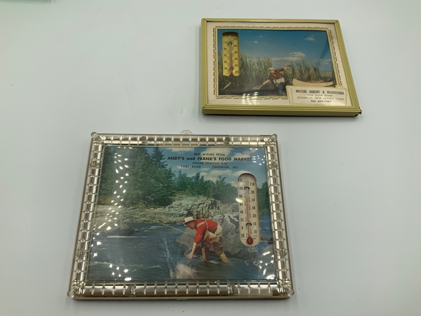 VTG 1940\'s Advertising Thermometers Fly Fishing theme framed 4X5 & 4.5x5.5 in.