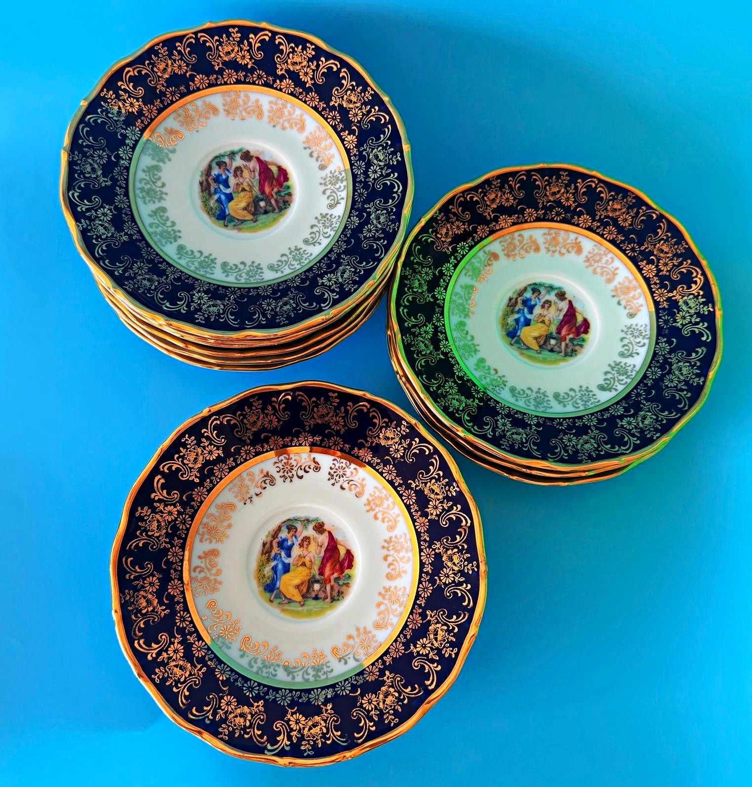 Vtg MZ Czechoslovakia Madonna Porcelain Plates Underglaze Cobalt Gold Set 12