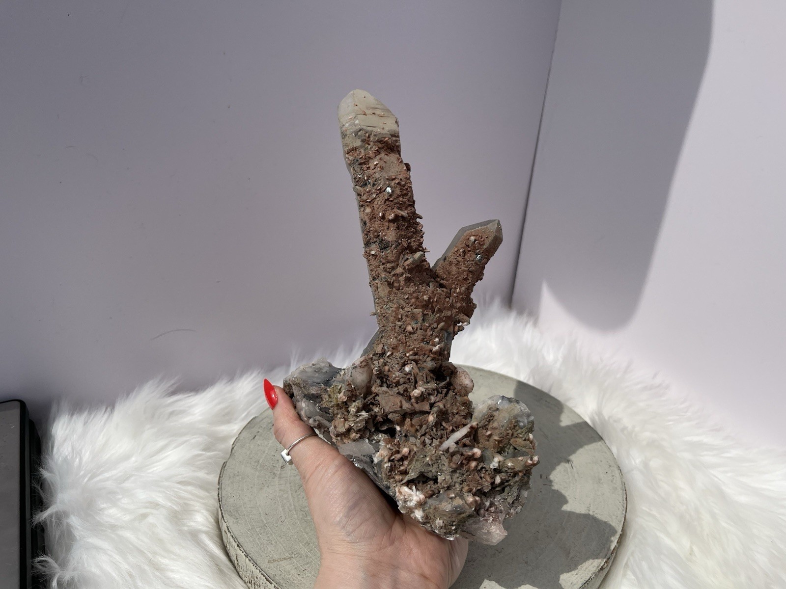 Smoky Candle Quartz Crystal Cluster with Petal Calcite 
