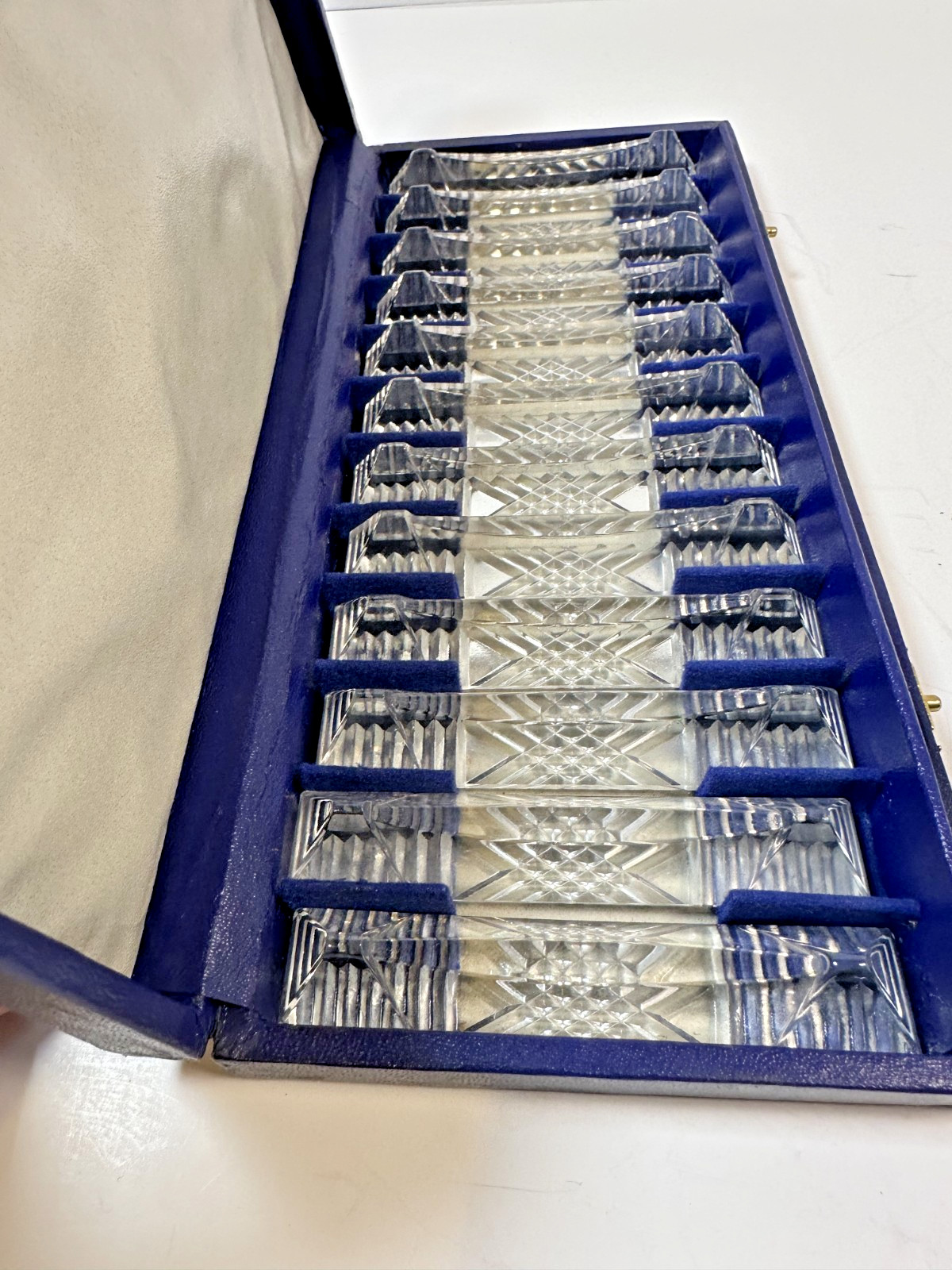 Box of 12 Vintage 24% Lead Crystal Knife Rests Square Original Cobalt Blue Box