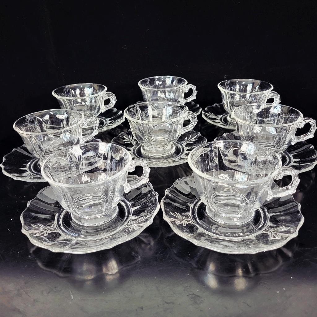 FOSTORIA~BAROQUE~SET OF 8~VINTAGE CLEAR GLASS TEA COFFEE CUPS AND SAUCERS