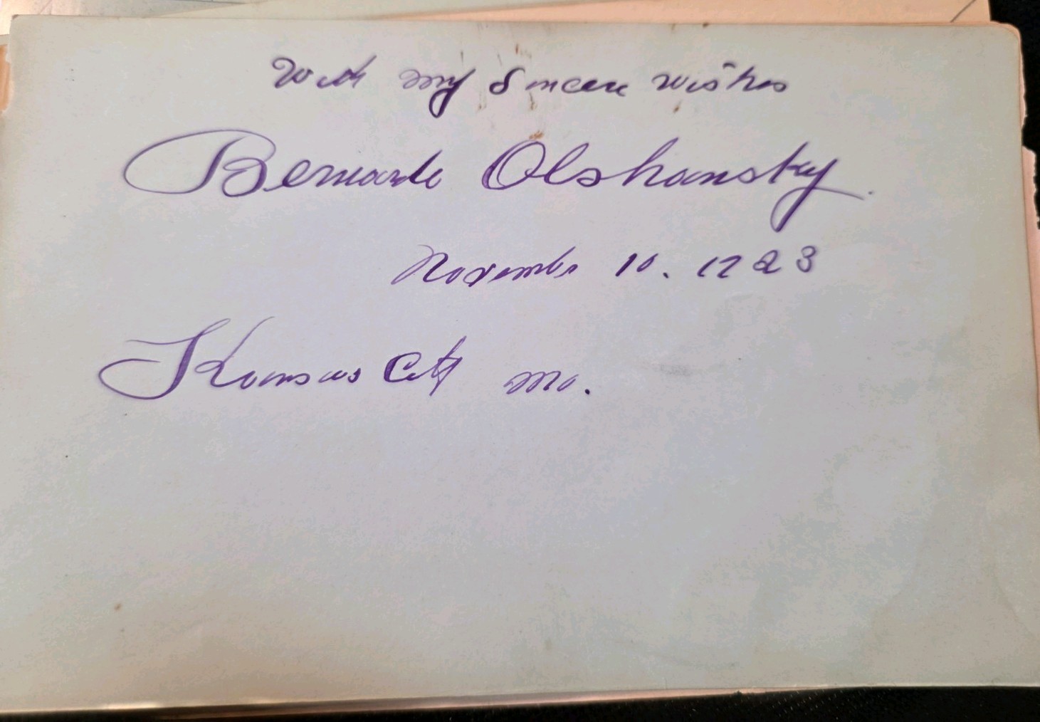 Opera Singer Bernard Olshansky Autograph - Nov. 11, 1923 Opera Singer Bernard Olshansky Autograph - Nov. 11, 1923
