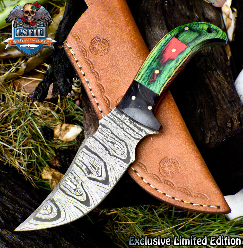 CSFIF Hand Crafted Skinner Knife Twist Damascus Hard Wood Micrata Bolster Sports