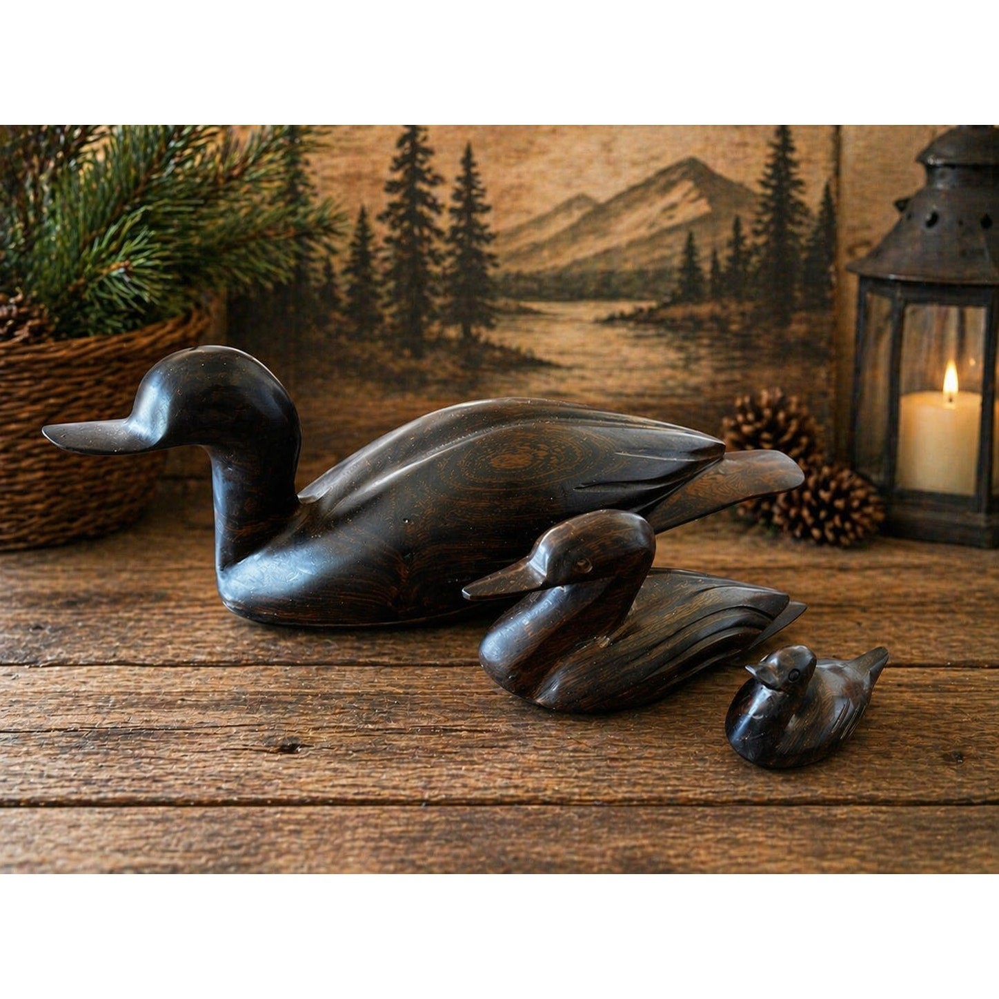 Vintage Heavy Carved Ironwood Duck Family Set of 3 Solid Wood Rustic Decor
