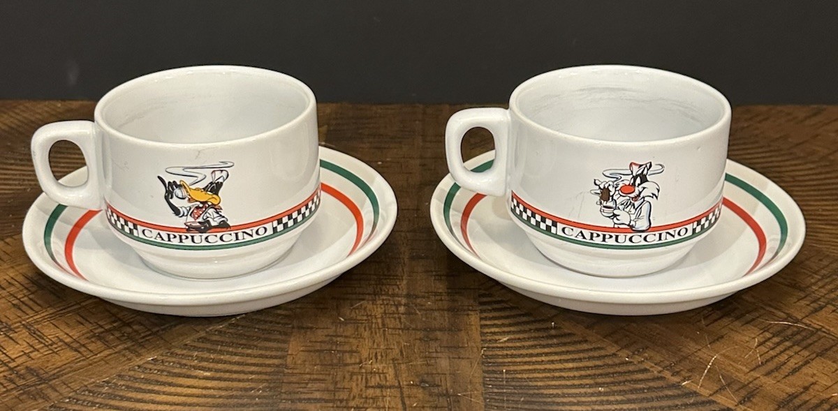 VTG ACME Homeworks Cappuccino Cup Saucer Set 2 Warner Bros Sylvester Daffy 1999