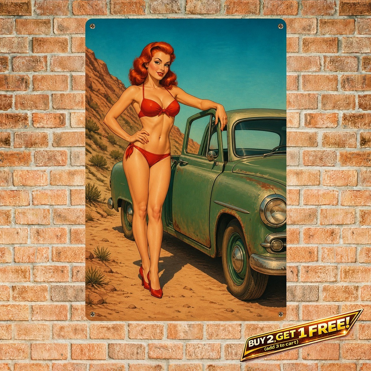 Red Bikini Pinup Girl Tin Sign Retro Redhead Woman Metal Wall Plaque