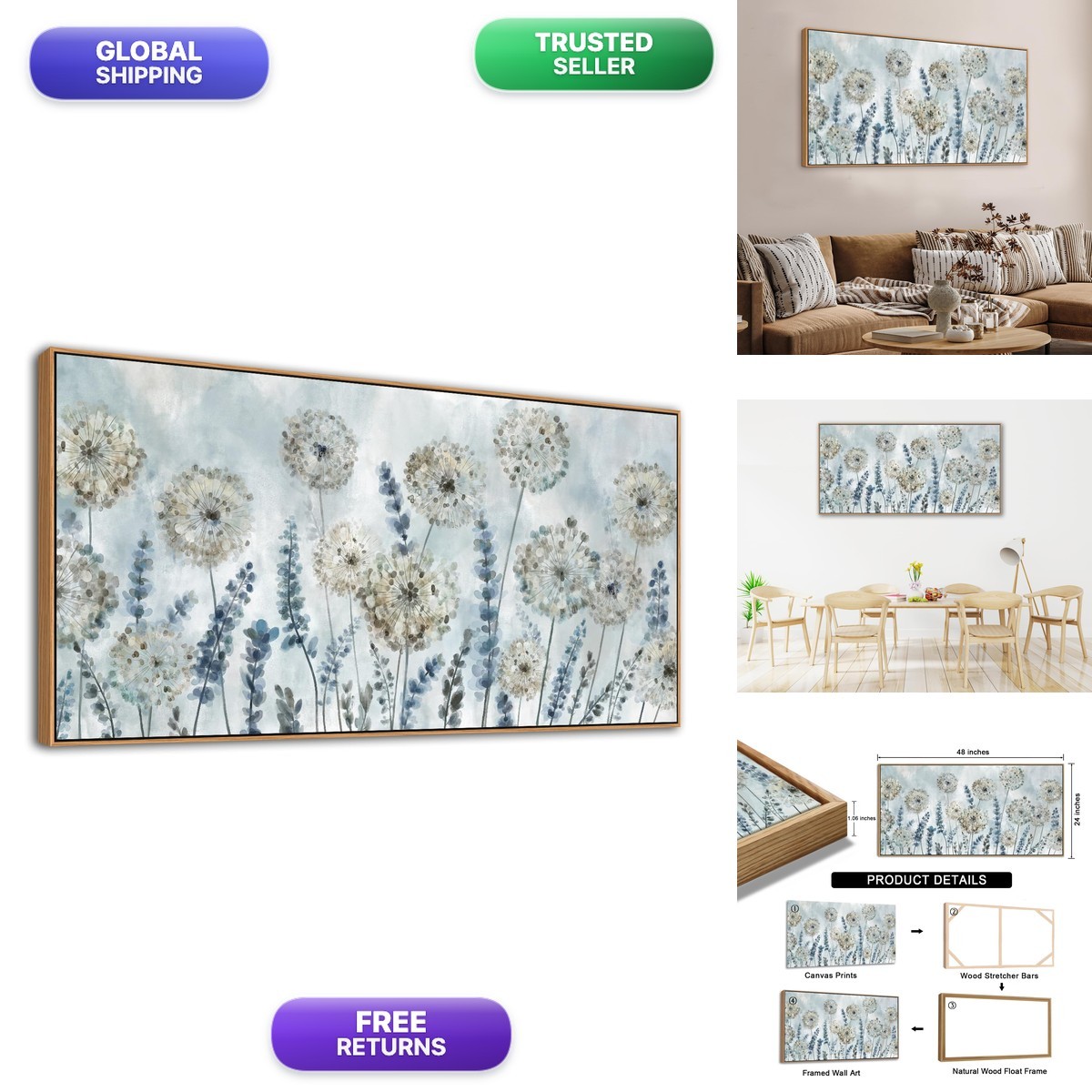 VEAEE Farmhouse Canvas Wall Art - Flowers Dandelion 24\