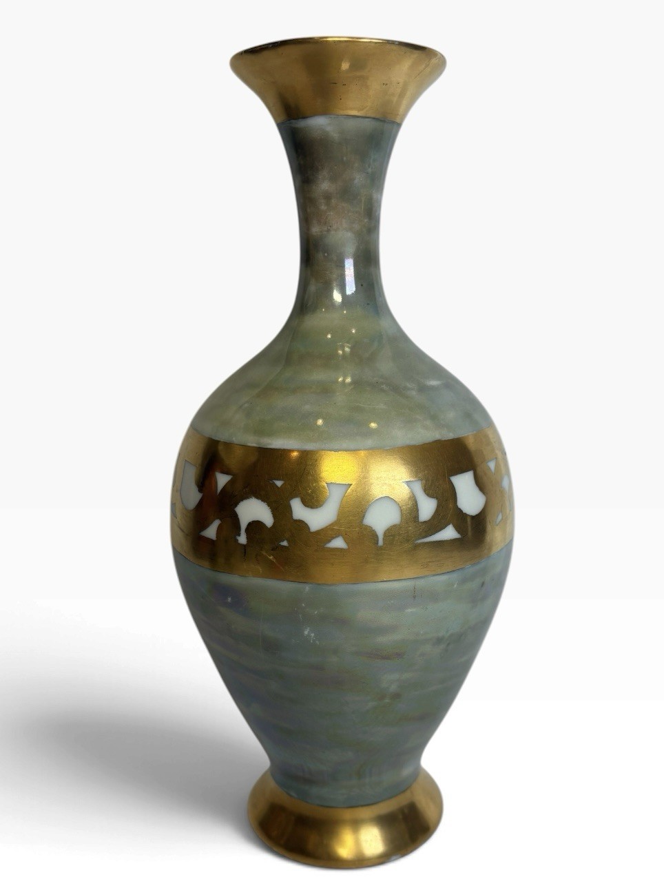 Vintage Fraunfelter Porcelain Vase Art Deco Geometric Signed Iridescent 10\