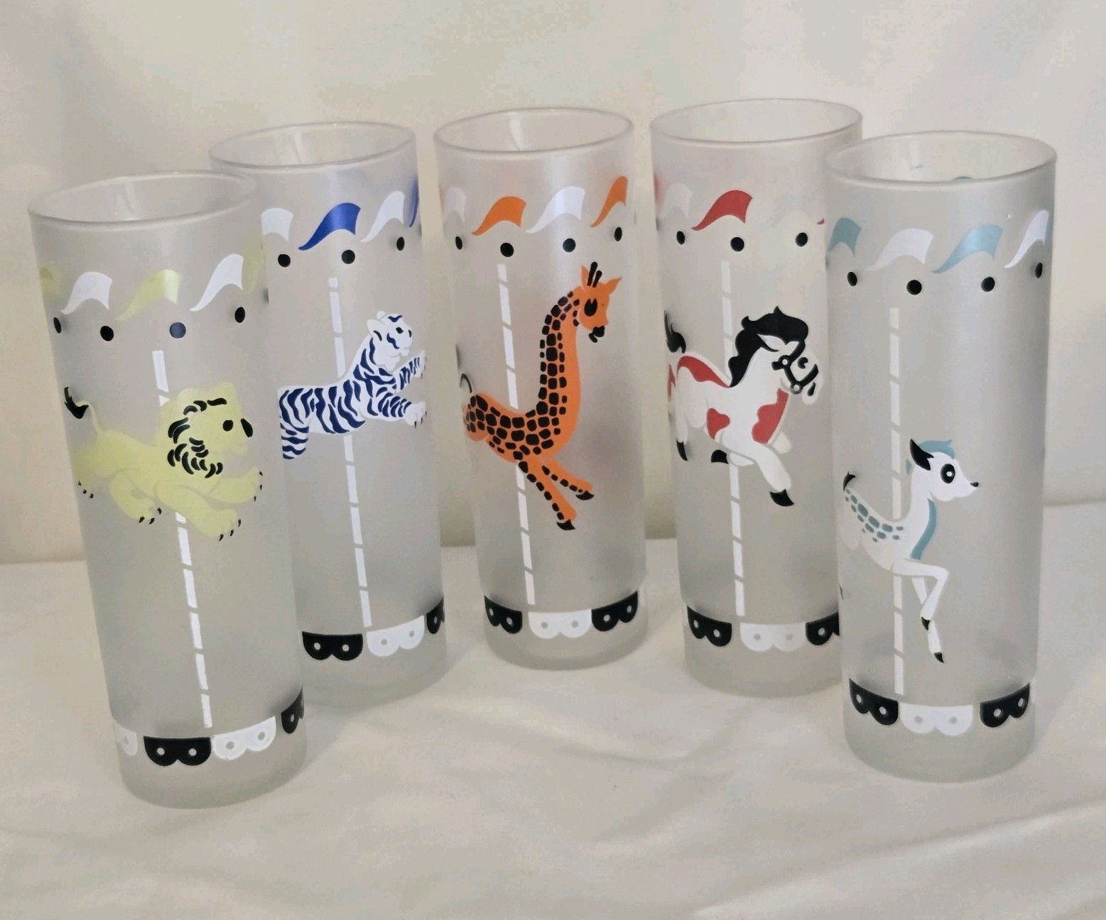 5 VTG Libbey Carousel Circus Animal Tom Collins Tumbler Frosted Highball Glasses