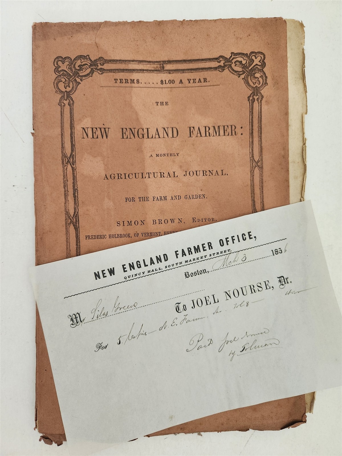 1856 antique NEW ENGLAND FARMER boston agricultural JOURNAL RECEIPT SILAS GREEN
