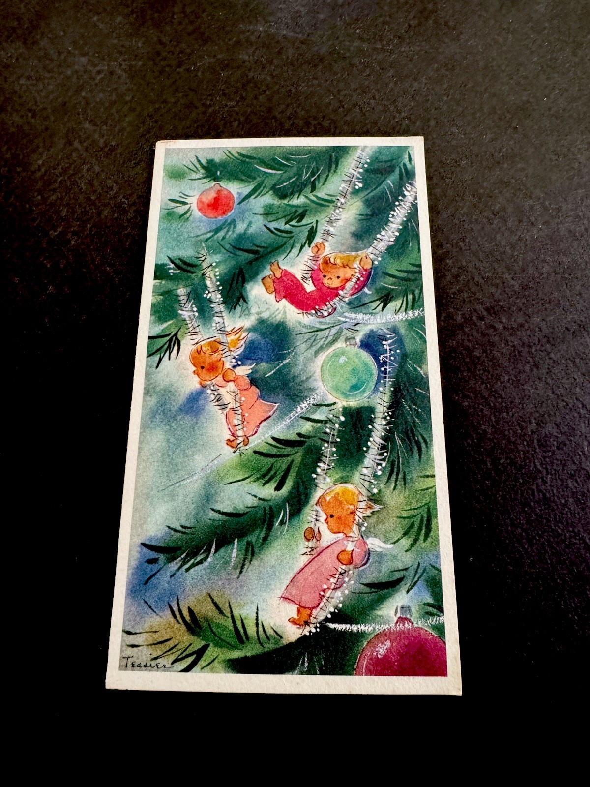 1 VTG MCM Xmas Greeting Card by Tessier Cute Angels Swinging From Silver Tassel