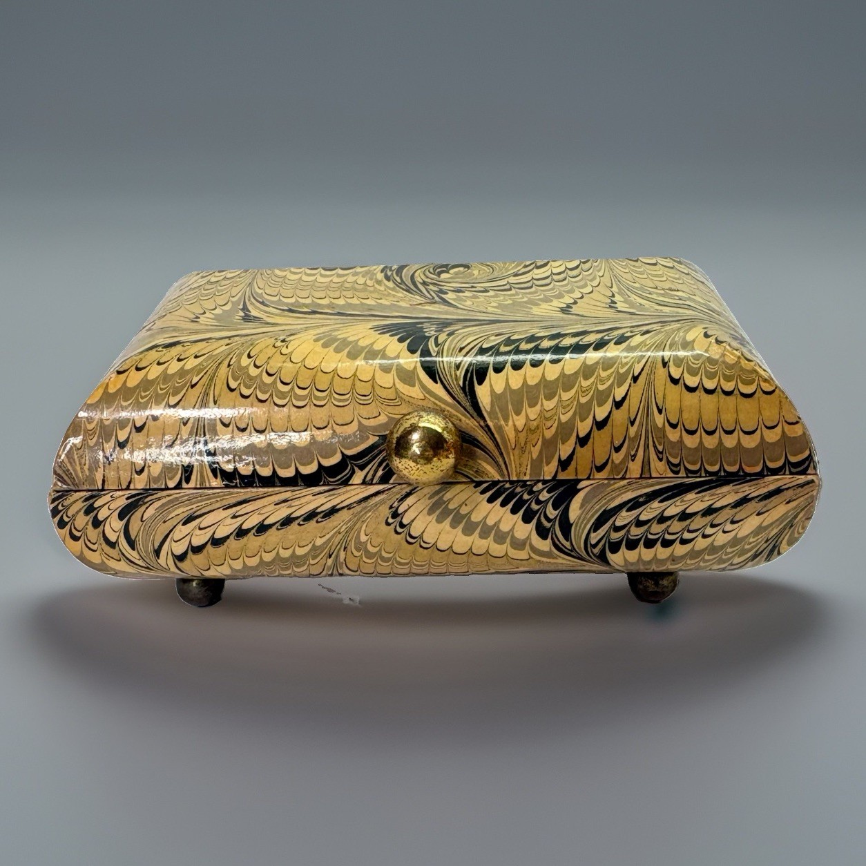 Vintage Theodora Signed Wood Decoupage Trinket/Jewelry Box Feathered Design EUC