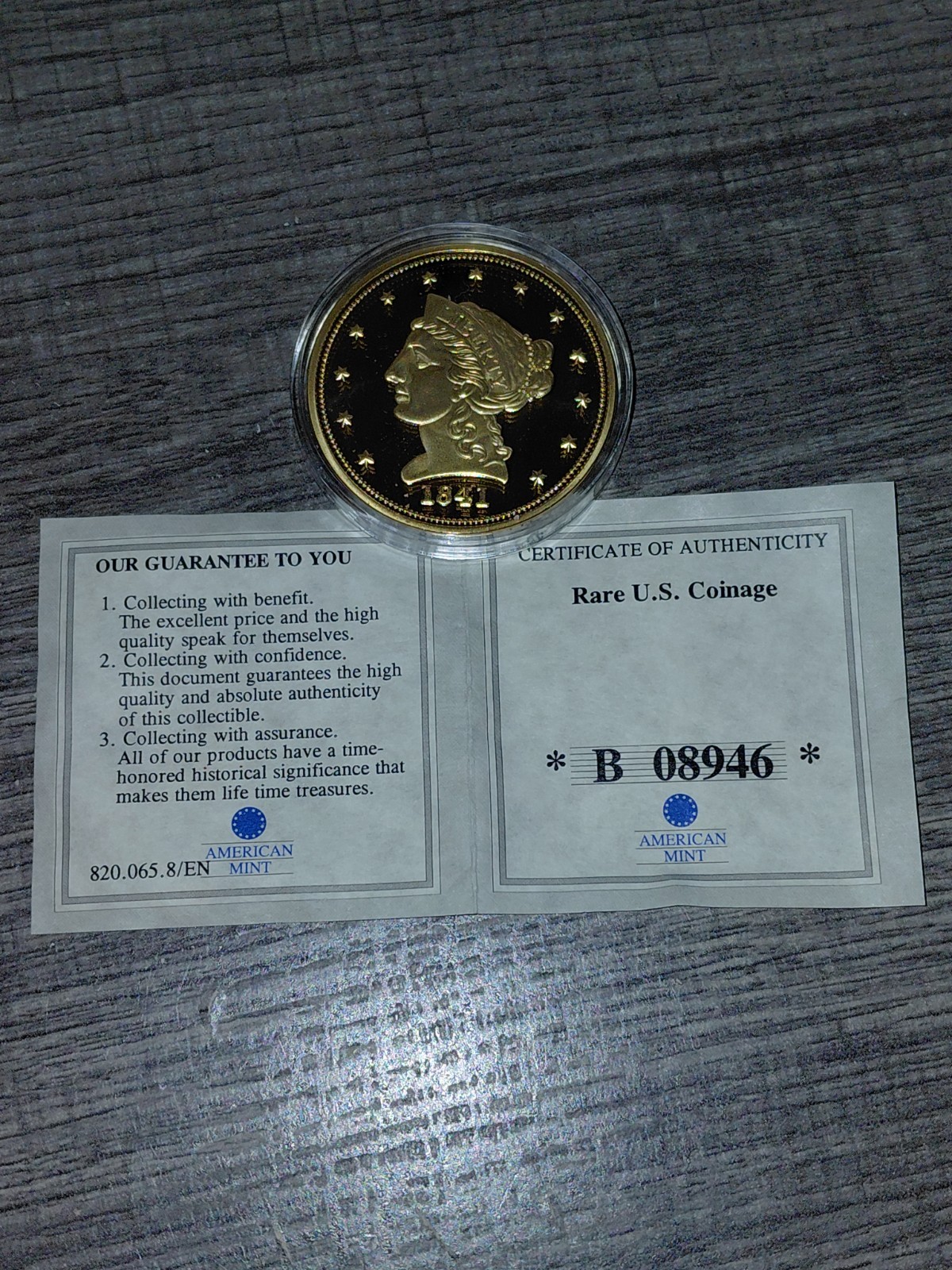 2009 AMERICAN MINT RARE U.S. COINAGE 1841 CORONET 1/4 EAGLE 24K GOLD LAYERED/COA