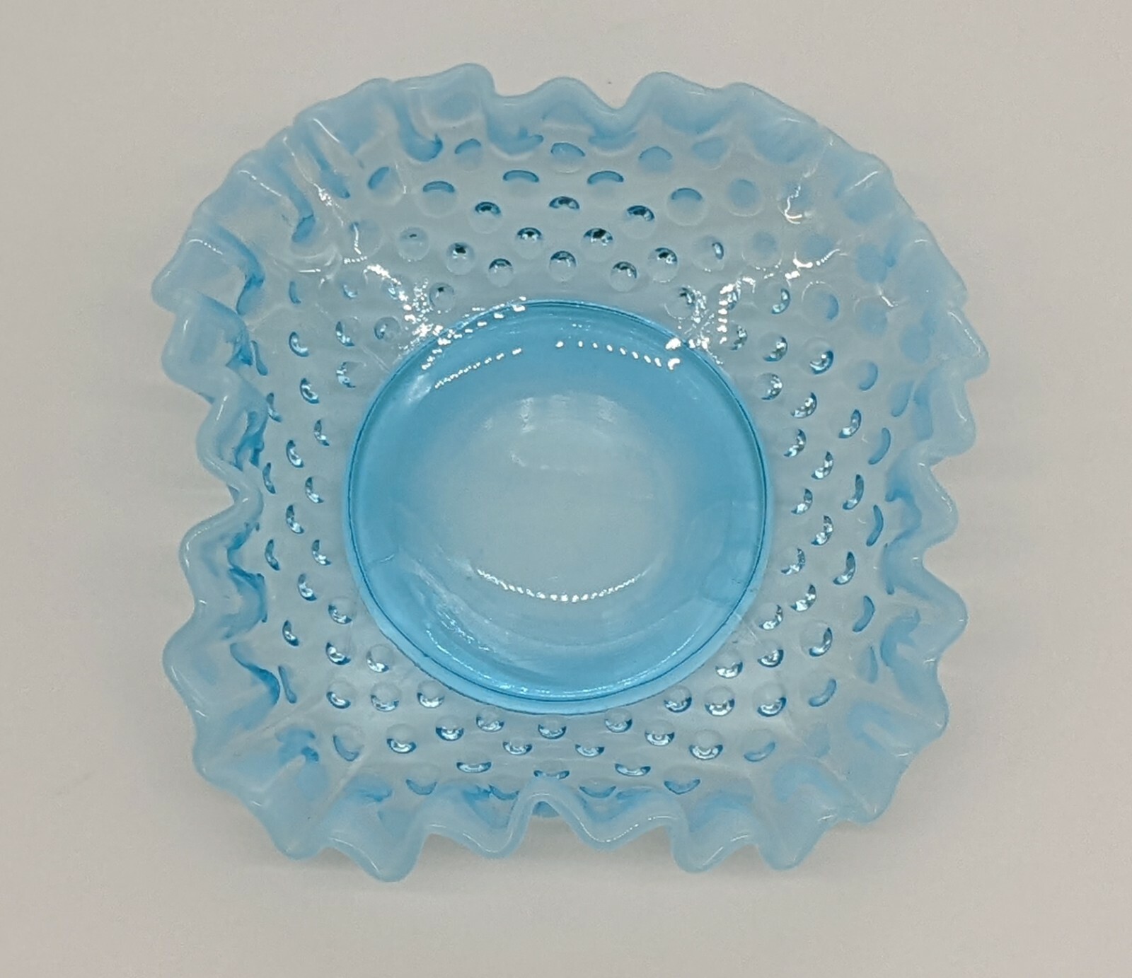 Vintage Fenton Blue Opalescent 6\'\' Square Bon Bon Hobnail Glass Dish Small