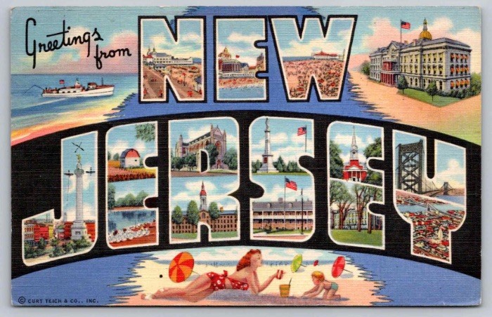 c1944 Greetings From New Jersey NJ Large Letter Curt Teich Linen Postcard