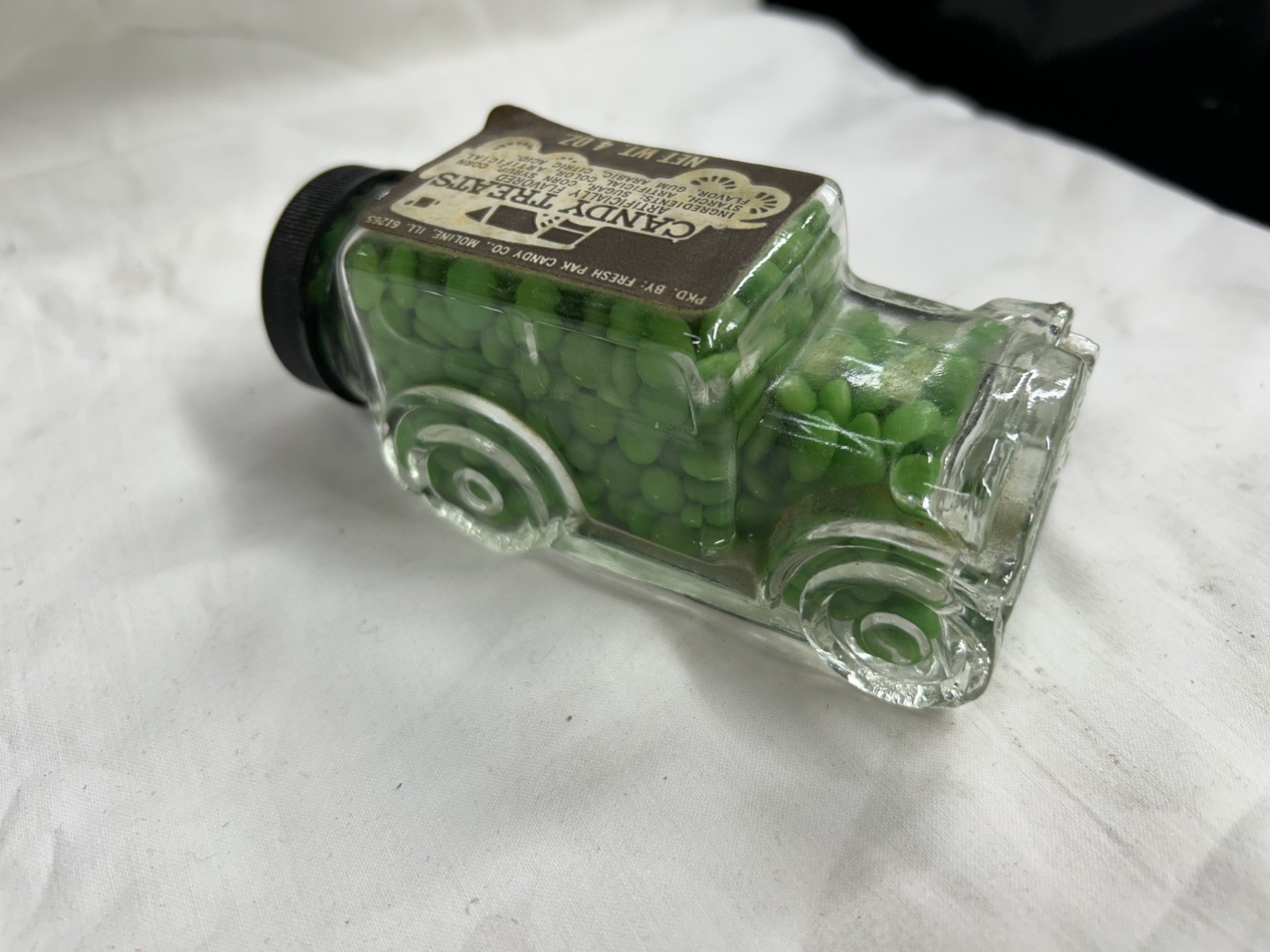 1929 Model Auto Glass Green  Candy Container All Original Label 