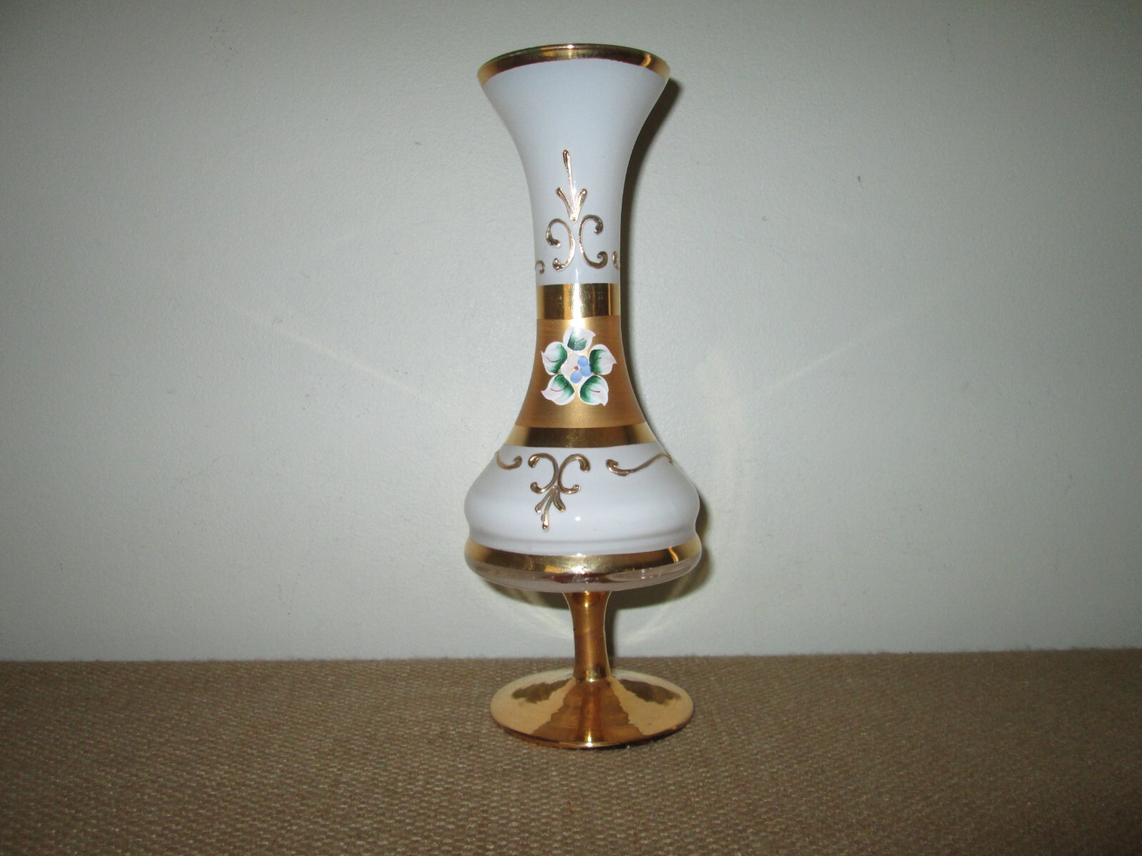 Vtg White Opalescent & Gold Handpainted Floral Bristol Glass Pedestal Vase ITALY