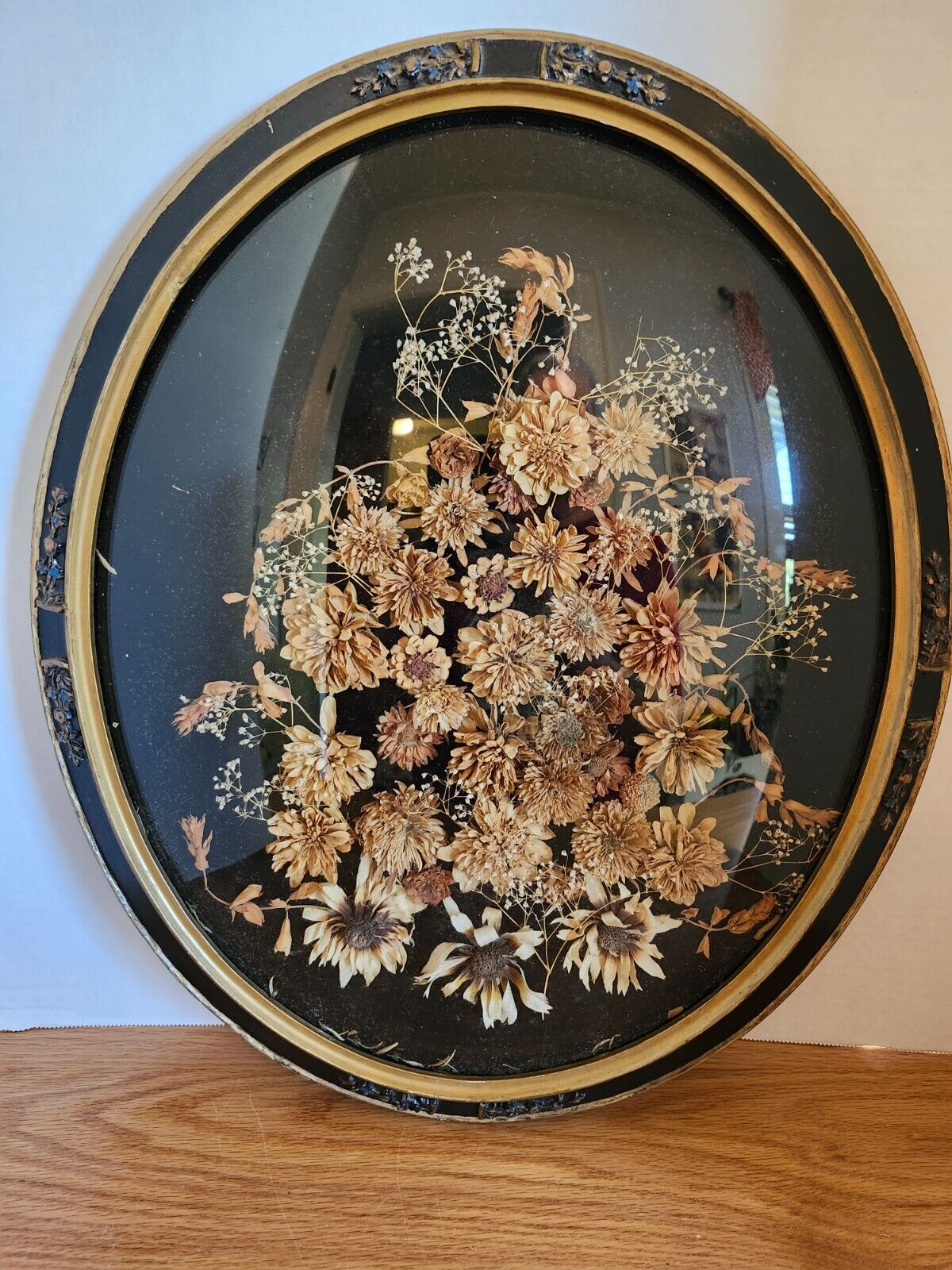 Antique Dried/Pressed Flowers Designed In Glass Oval Glass Frame18x15 Wall Decor