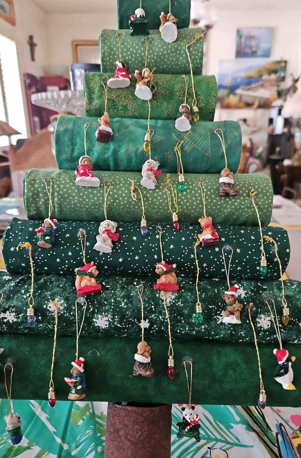 VTG OOAK Handmade Fabric Christmas Tree Wall Hanging With Tiny Ornaments 16