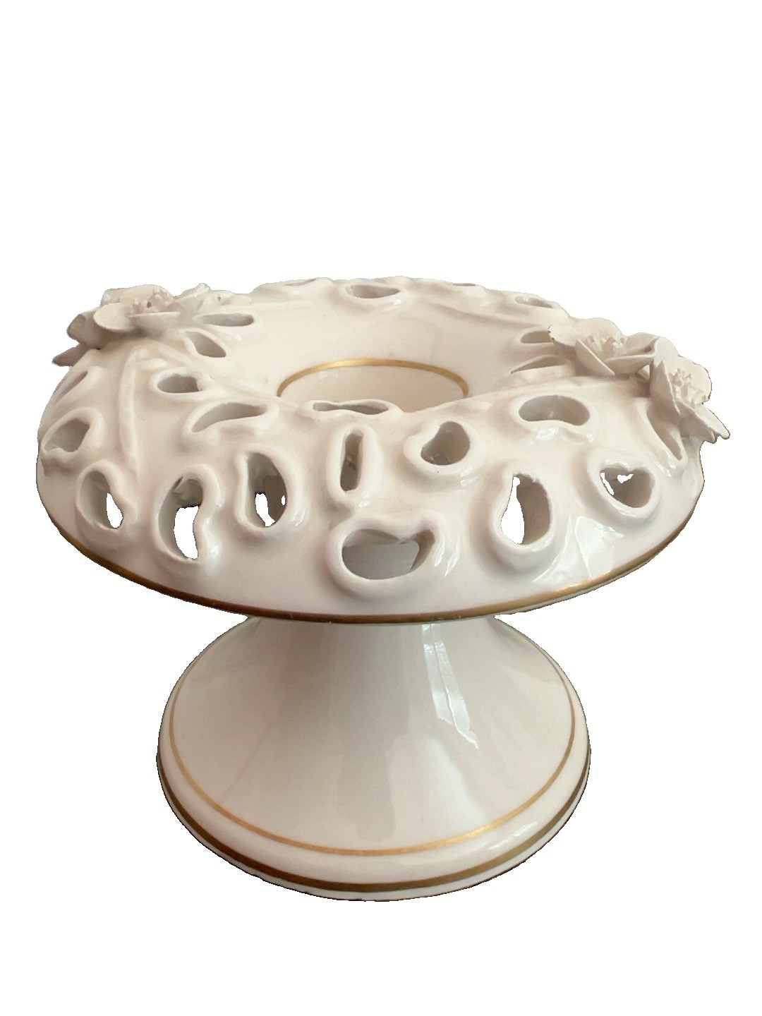  Vintage KBNY Italy Porcelain Reticulated Floral Pedestal Candle Holder Gold 4”