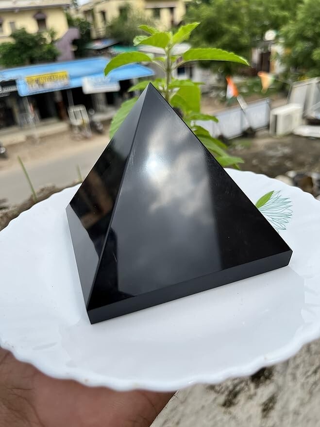 Large Black Shungite Pyramid Hand Carved Crystal Home Office Decorative Pyramid