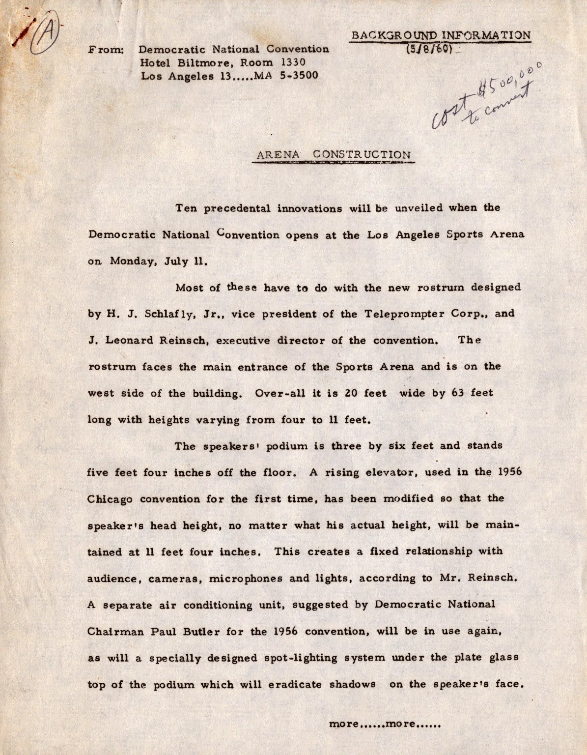 1960 Democratic National Convention Los Angeles Arena Construction Memo 8x11