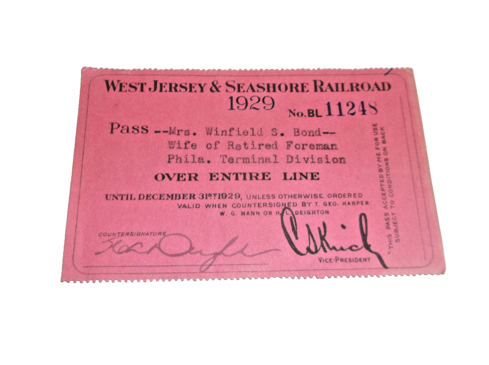 1929 WEST JERSEY & SEASHORE RAILROAD COMPANY PRR EMPLOYEE PASS #11248 1929 WEST JERSEY & SEASHORE RAILROAD COMPANY PRR EMPLOYEE PASS #11248