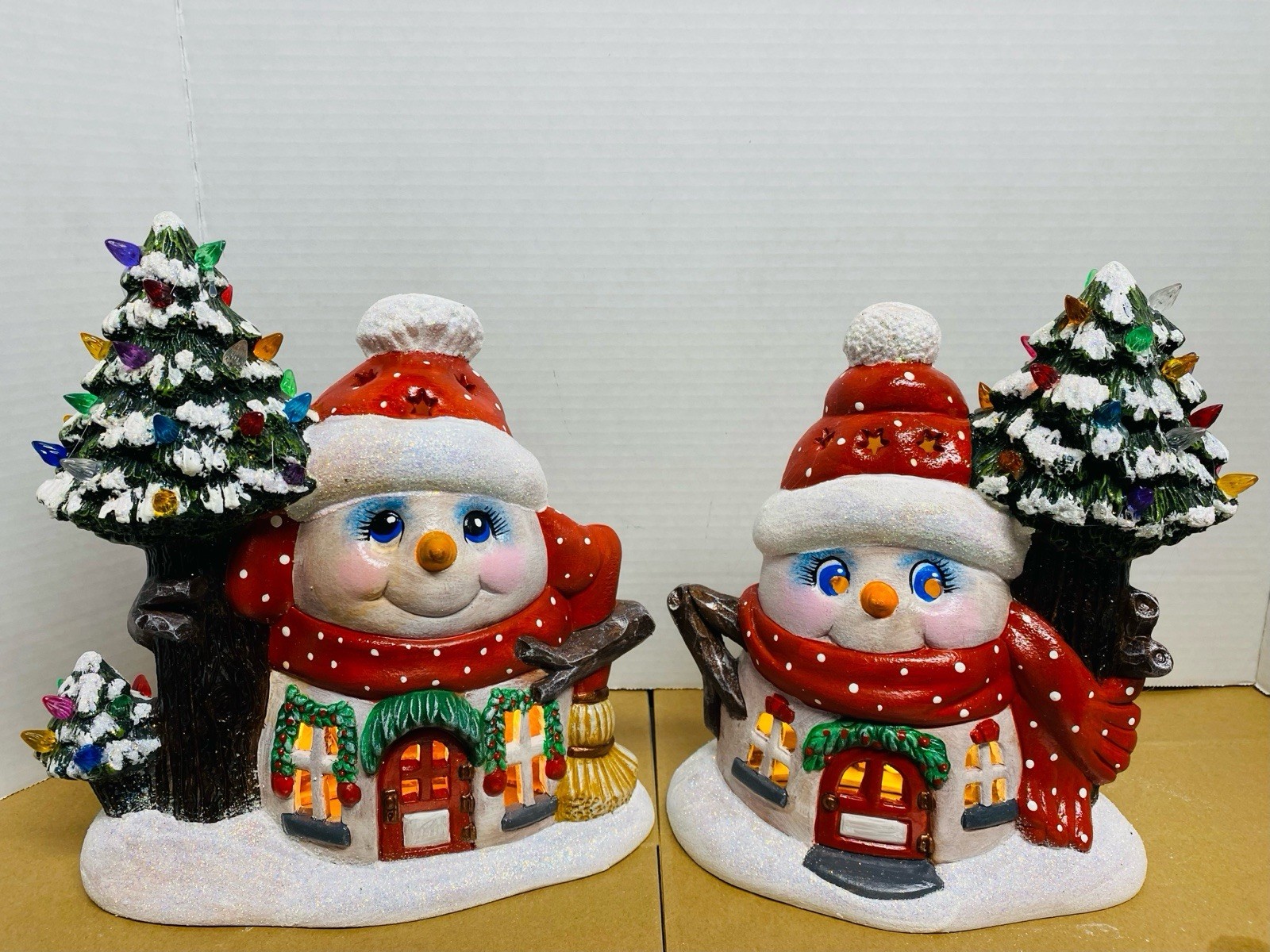 Set Of Lighted Ceramic Snowmen , 10.5 In  Tall , Hand Painted, Both Have Tree