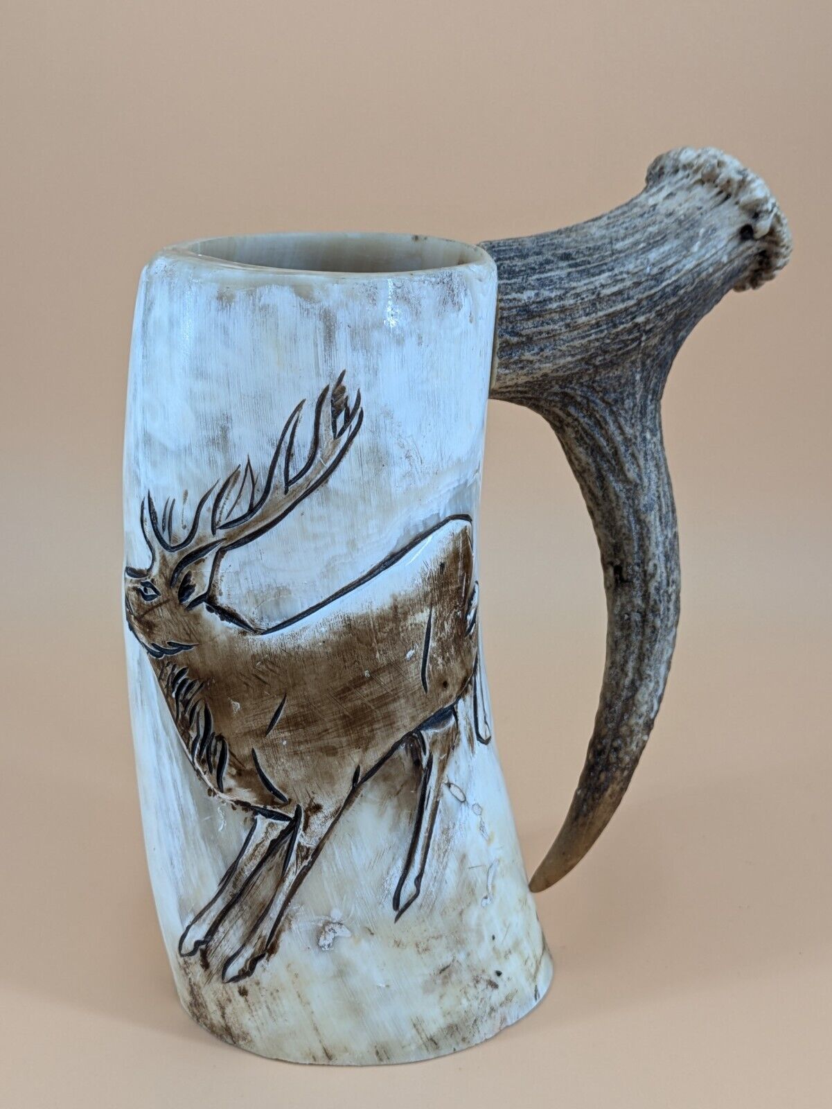 Vintage Handmade Tankard Beer Mug w Real Antler Horn Handle Deer Elk Buck Cow