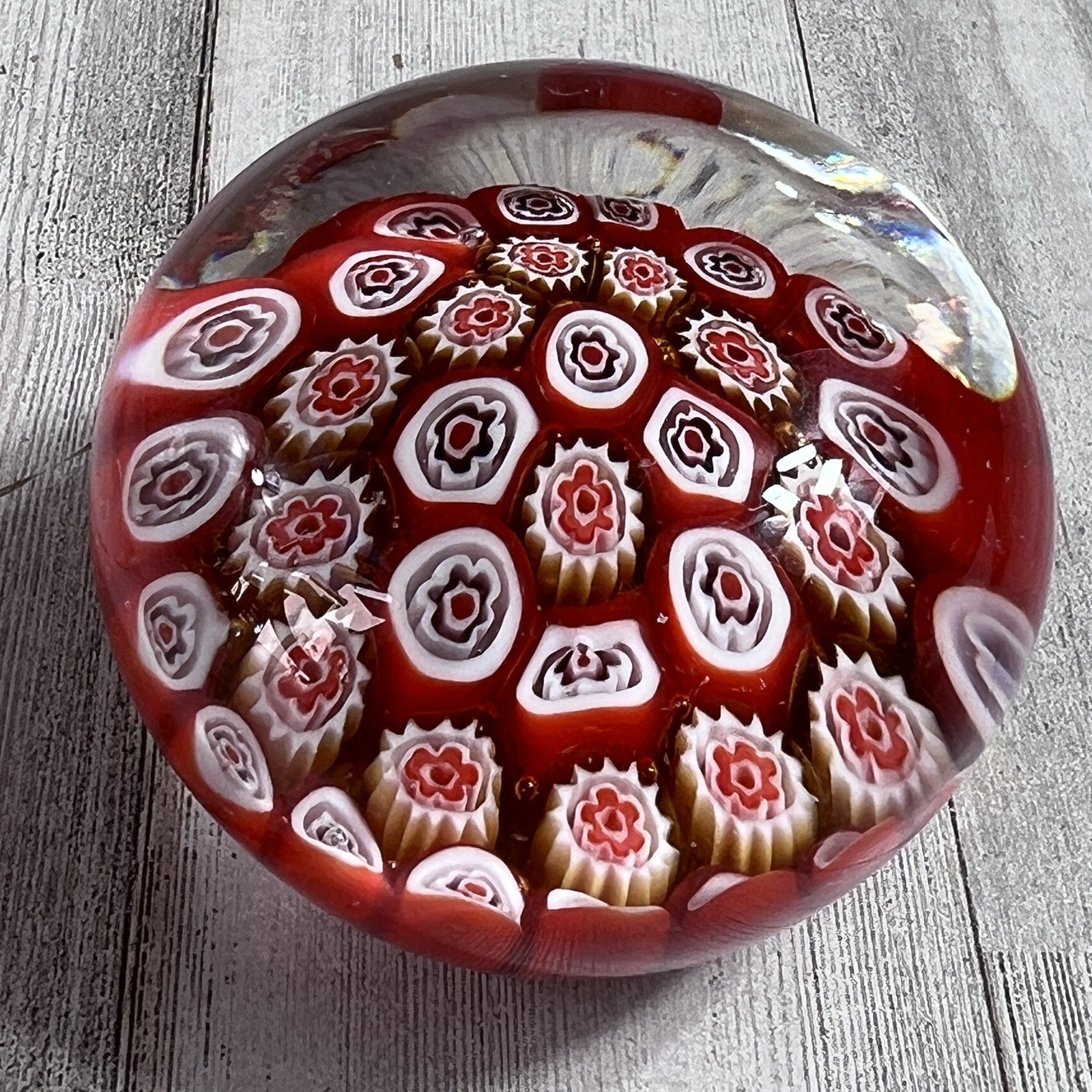 Vintage 2.5” Round Blown Glass Millifiori Flower Design Paperweight