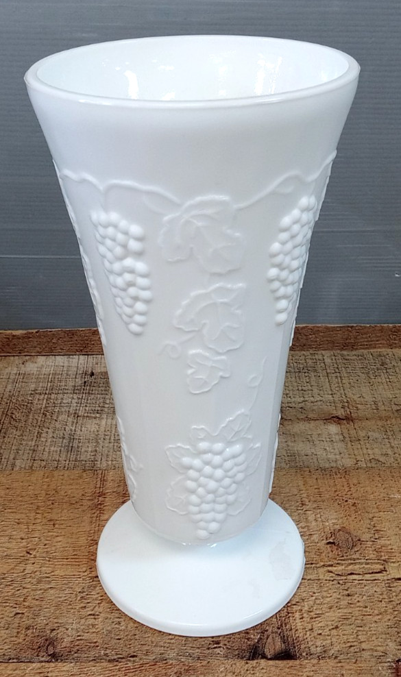 VINTAGE Milk Glass Pedestal Vase with Embossed Grape Vine Design 10\