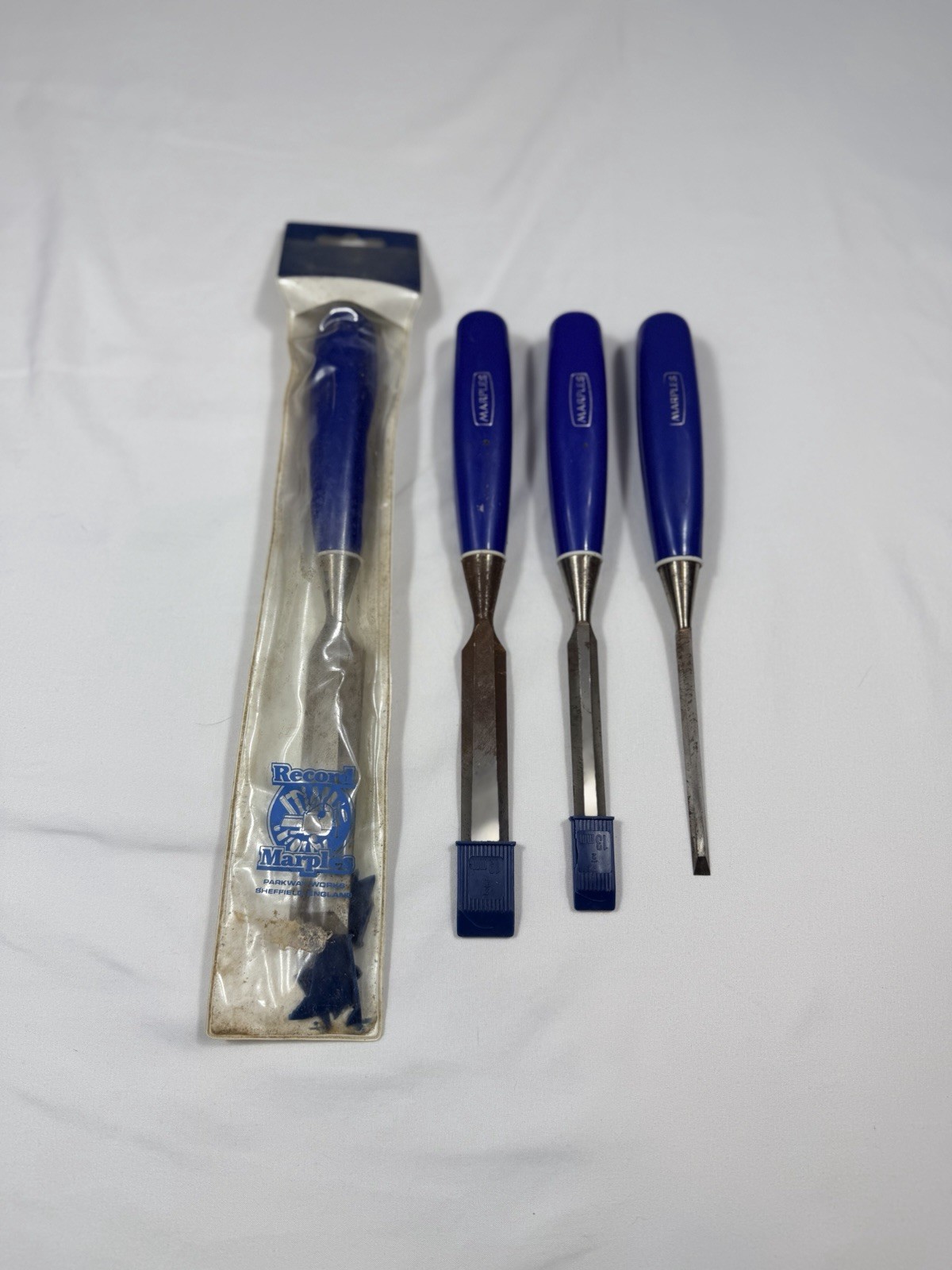 Vintage Marples Sheffield England Blue Handle Set of 4 Chisels 1/4, 1/2, 3/4 & 1