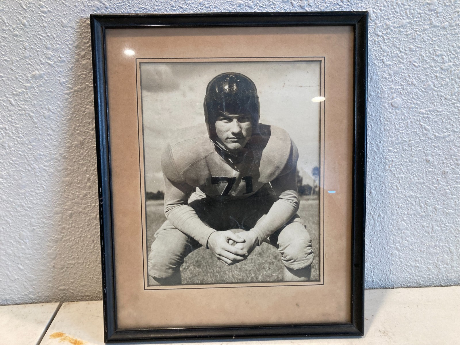 Football Player Leather Helmet Photo 1940s 1950s Framed Football Player Leather Helmet Photo 1940s 1950s Framed