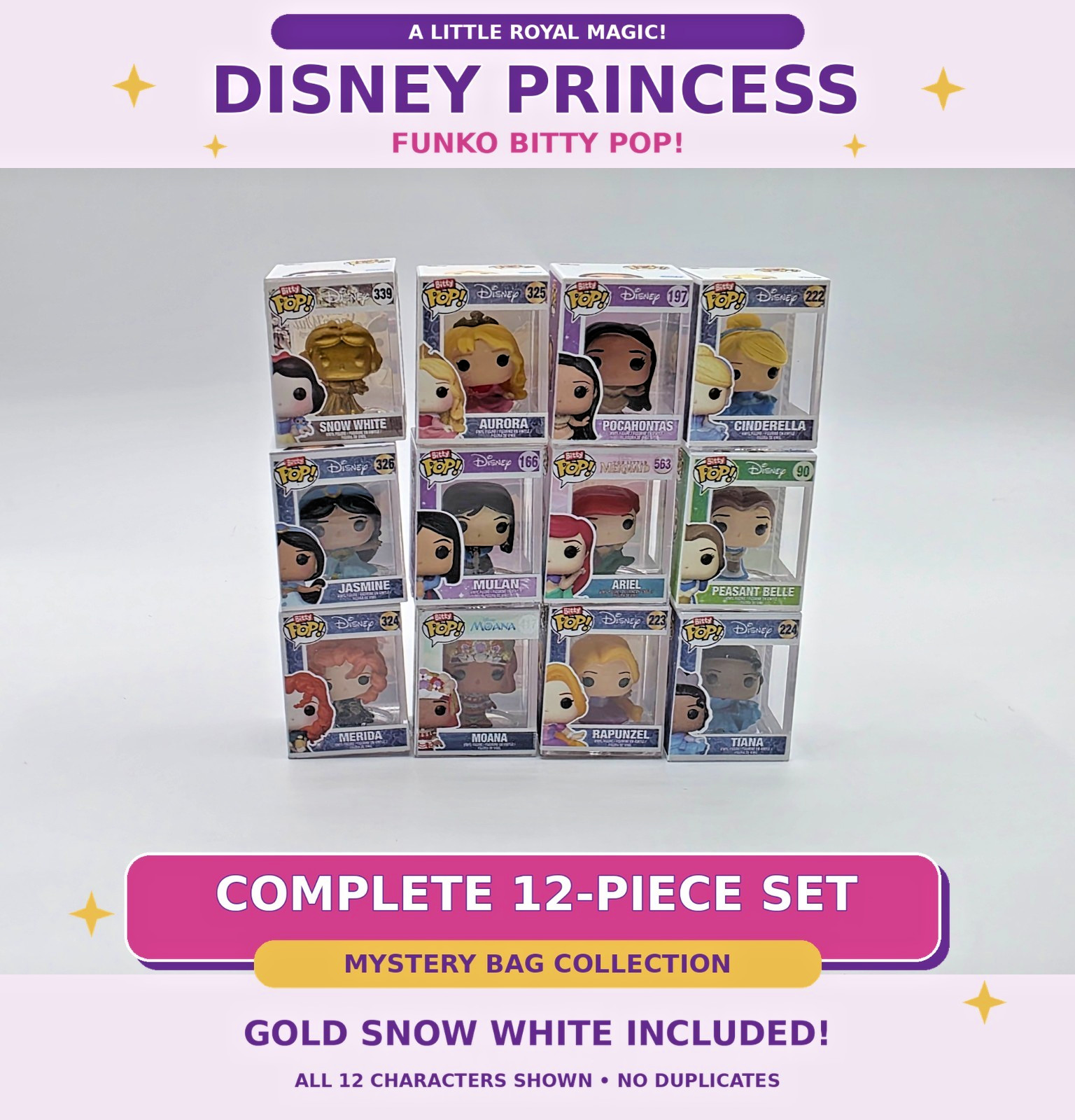 Funko Bitty POP Disney Princess Complete 12pc Mystery Bag Set Gold Snow White