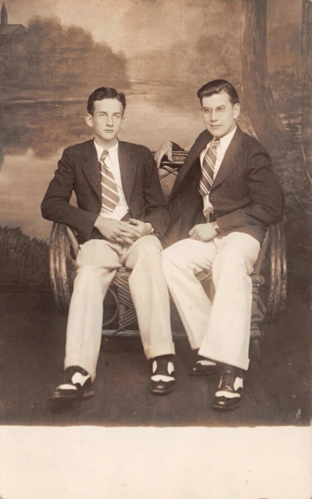 Vtg. c1930's RPPC 2 Young Men Sitting For Portrait in Studio Postcard p933