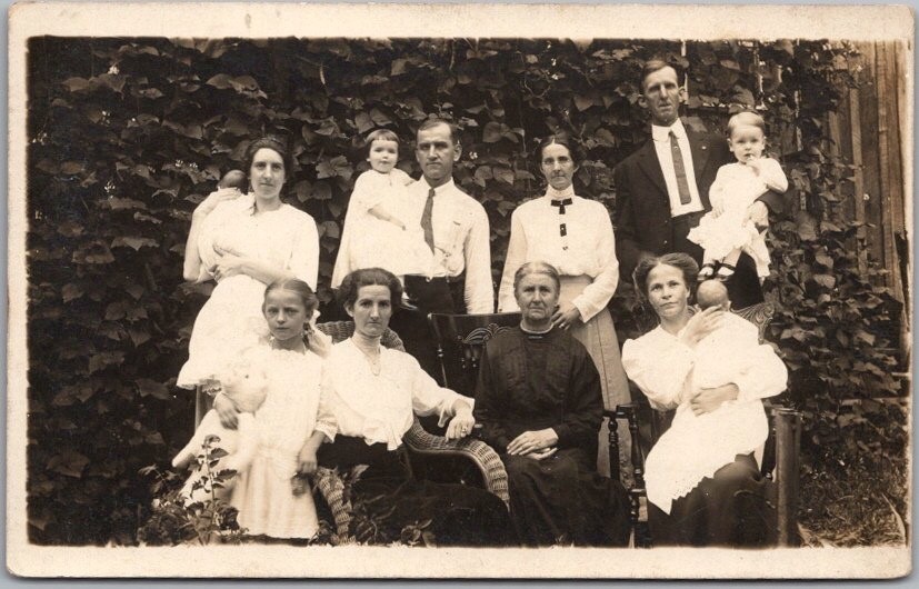 Vintage 1910s Real Photo RPPC Postcard Large Family Group Posing in Backyard